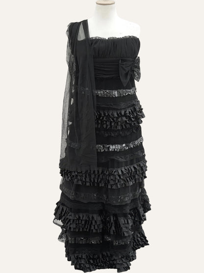 Venus Club Tiered Ruffle & Lace Strapless Gown