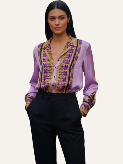 Escada by Margaretha Ley 100% Silk Baroque Tiger Shirt in Lilac