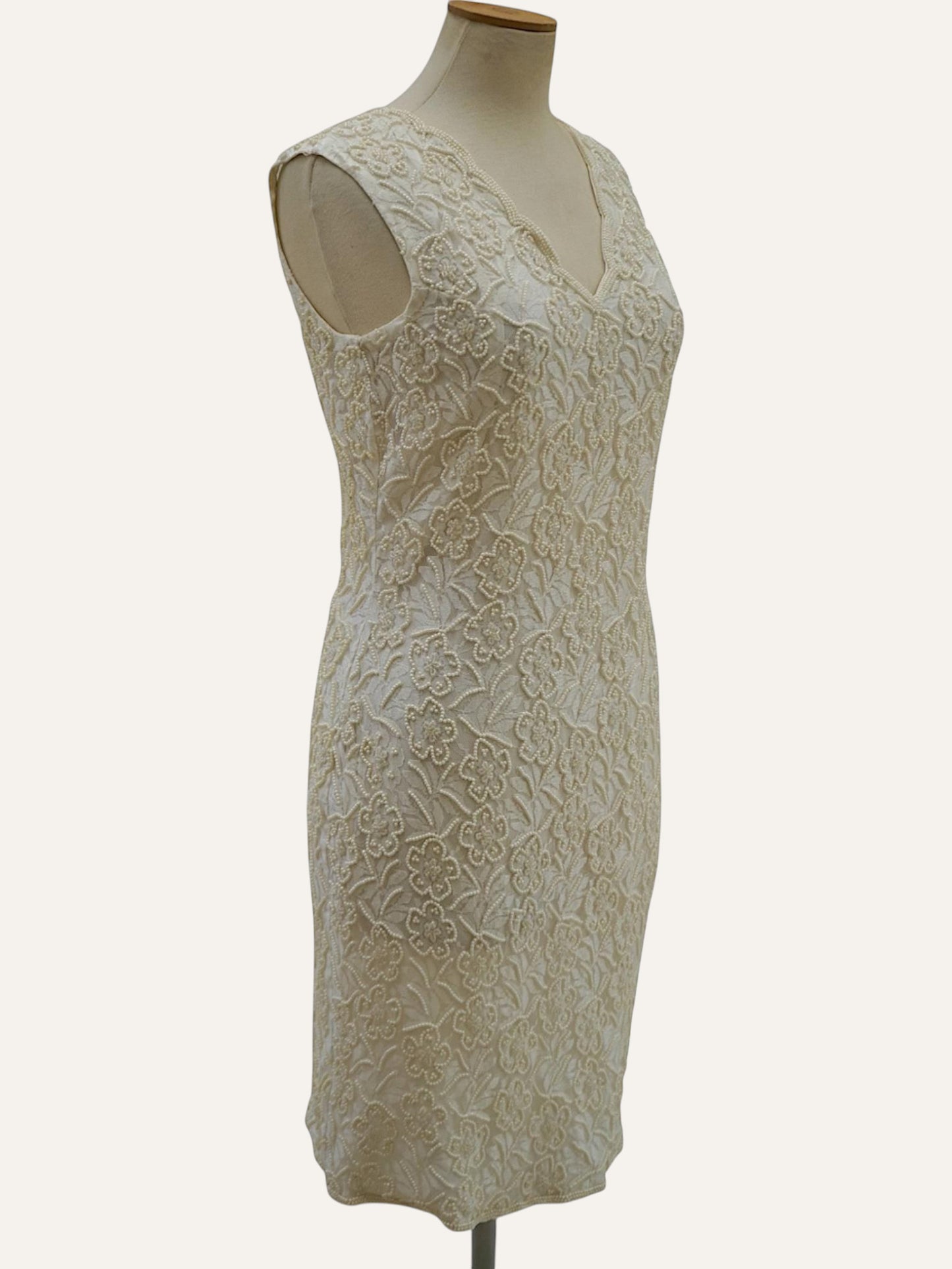 Bespoke Pearl-Beaded Floral Sheath Dress in Ivory