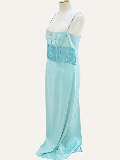 Aqua Beaded Fringe Bodice Satin Gown