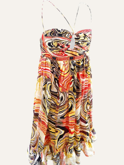 Swirl Print Cross-Back Sundress in Scarlet & Saffron