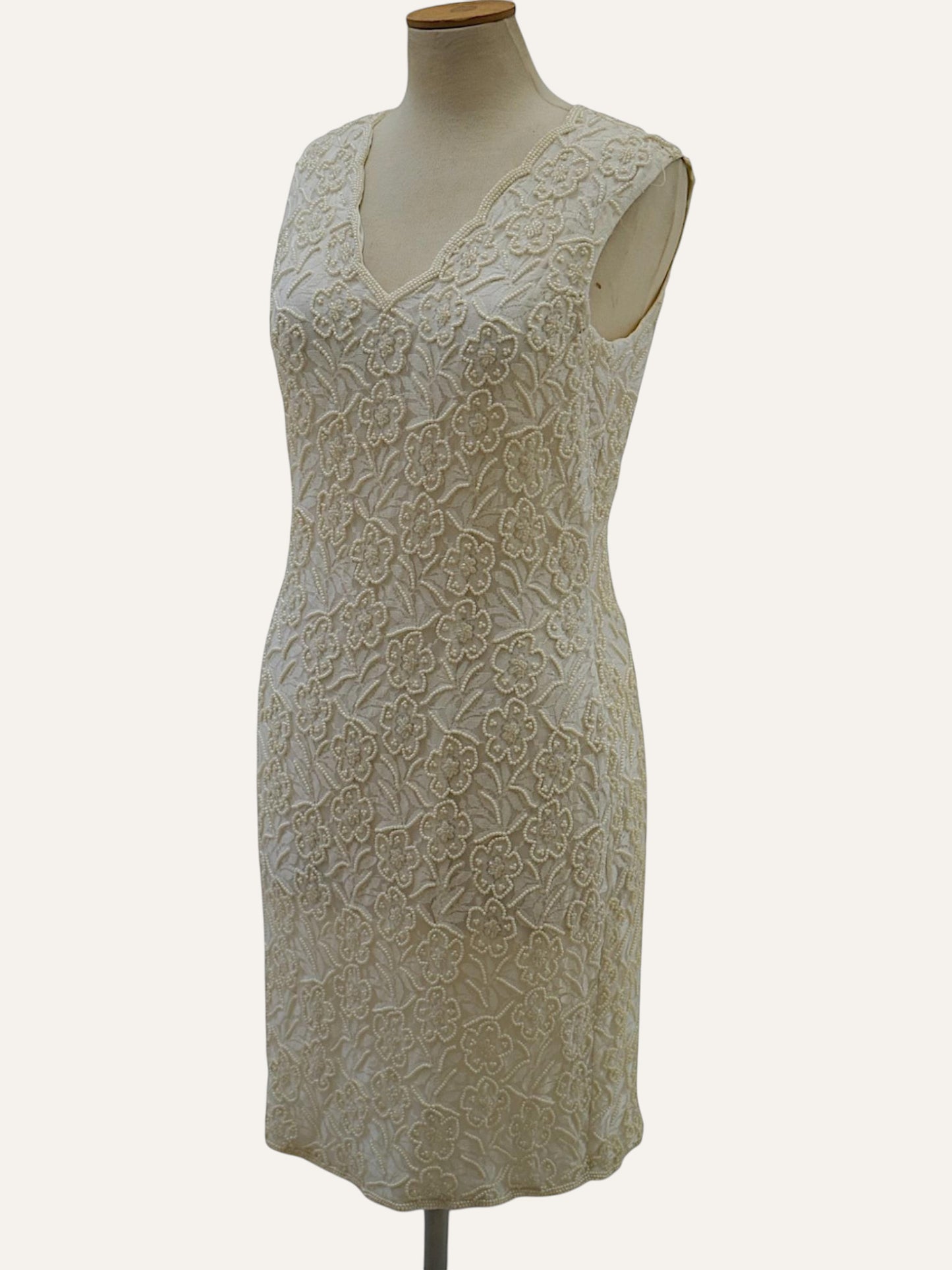 Bespoke Pearl-Beaded Floral Sheath Dress in Ivory