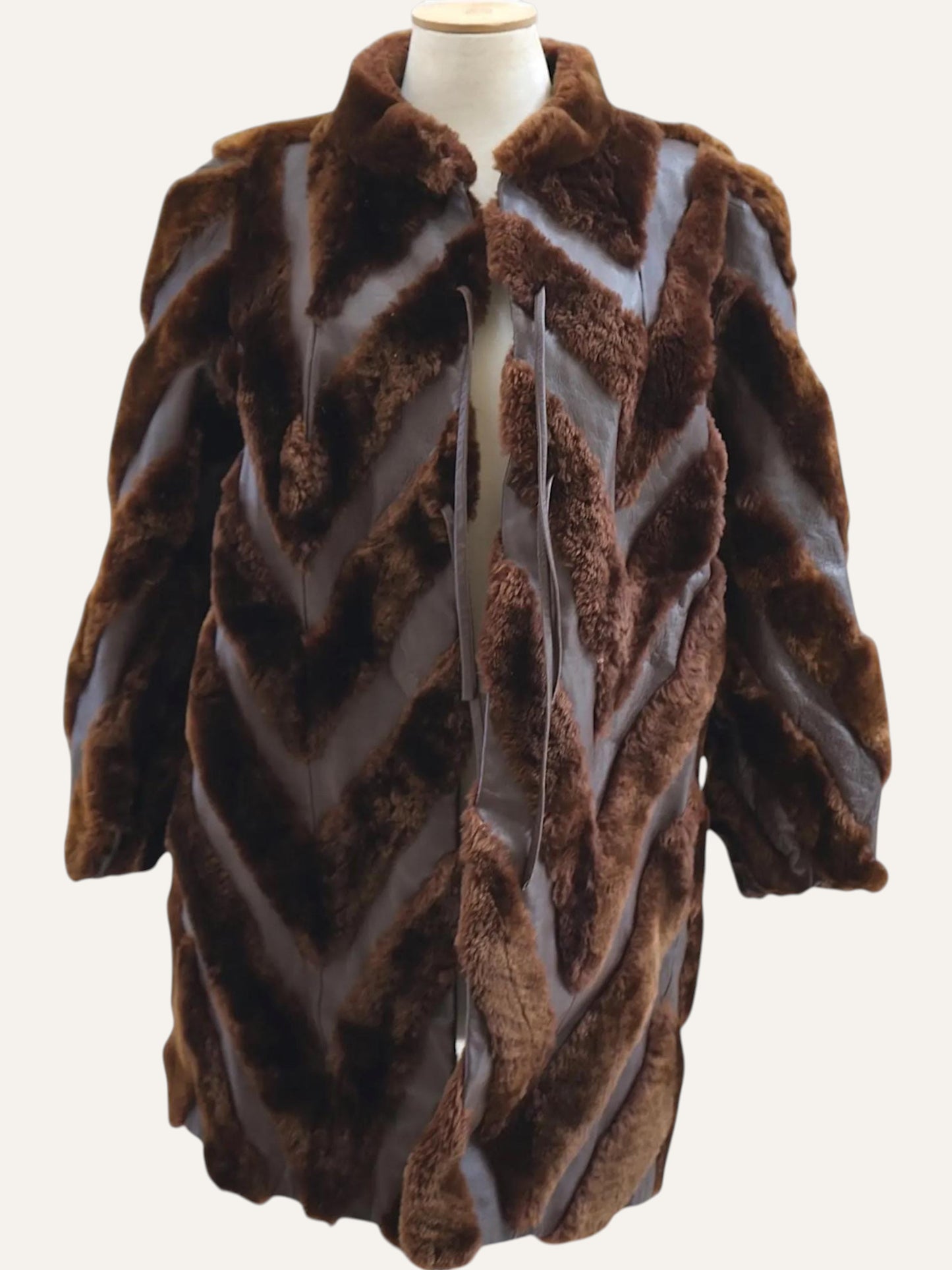 Chevron-Cut Fur & Leather Coat in Tobacco
