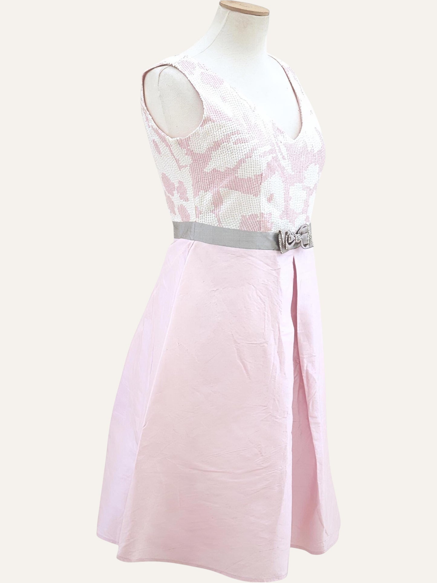 Pure Silk Crystal Bow Pleated Dress