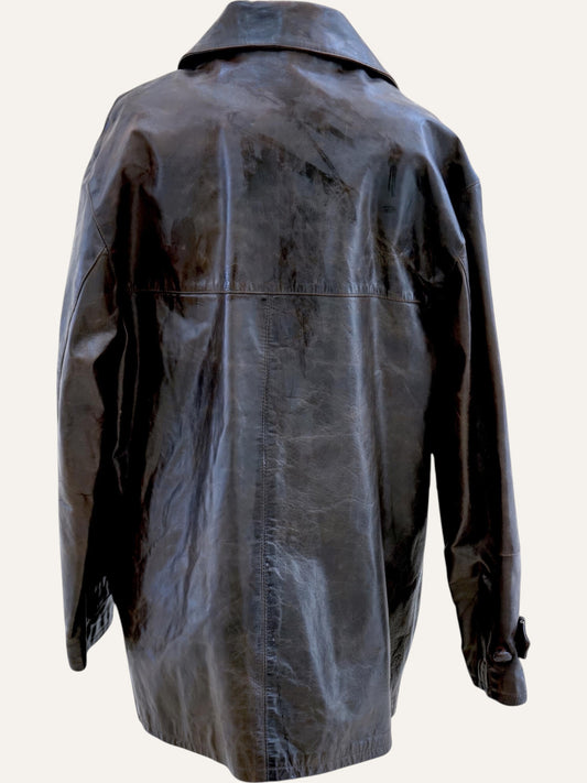 Vinyl Leather Double Breasted Coat with Kilim Lining