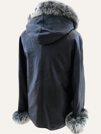 Midnight Leather Coat with Hood & Cuff Trim