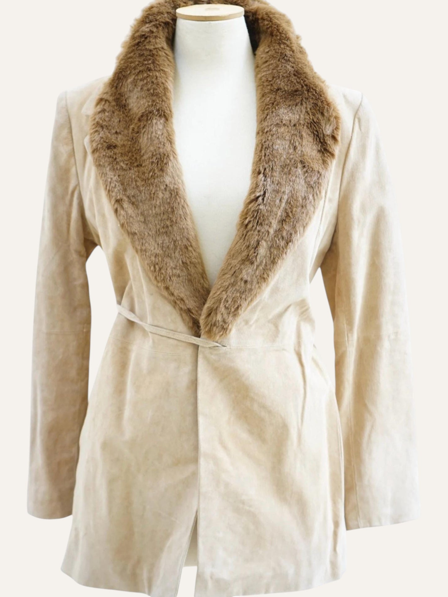Suede Leather & Fur Collar Belted Jacket