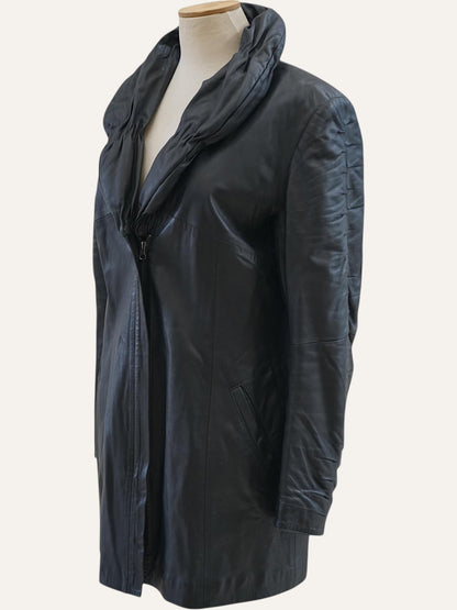 Leather Ruched Collar Noir Coat