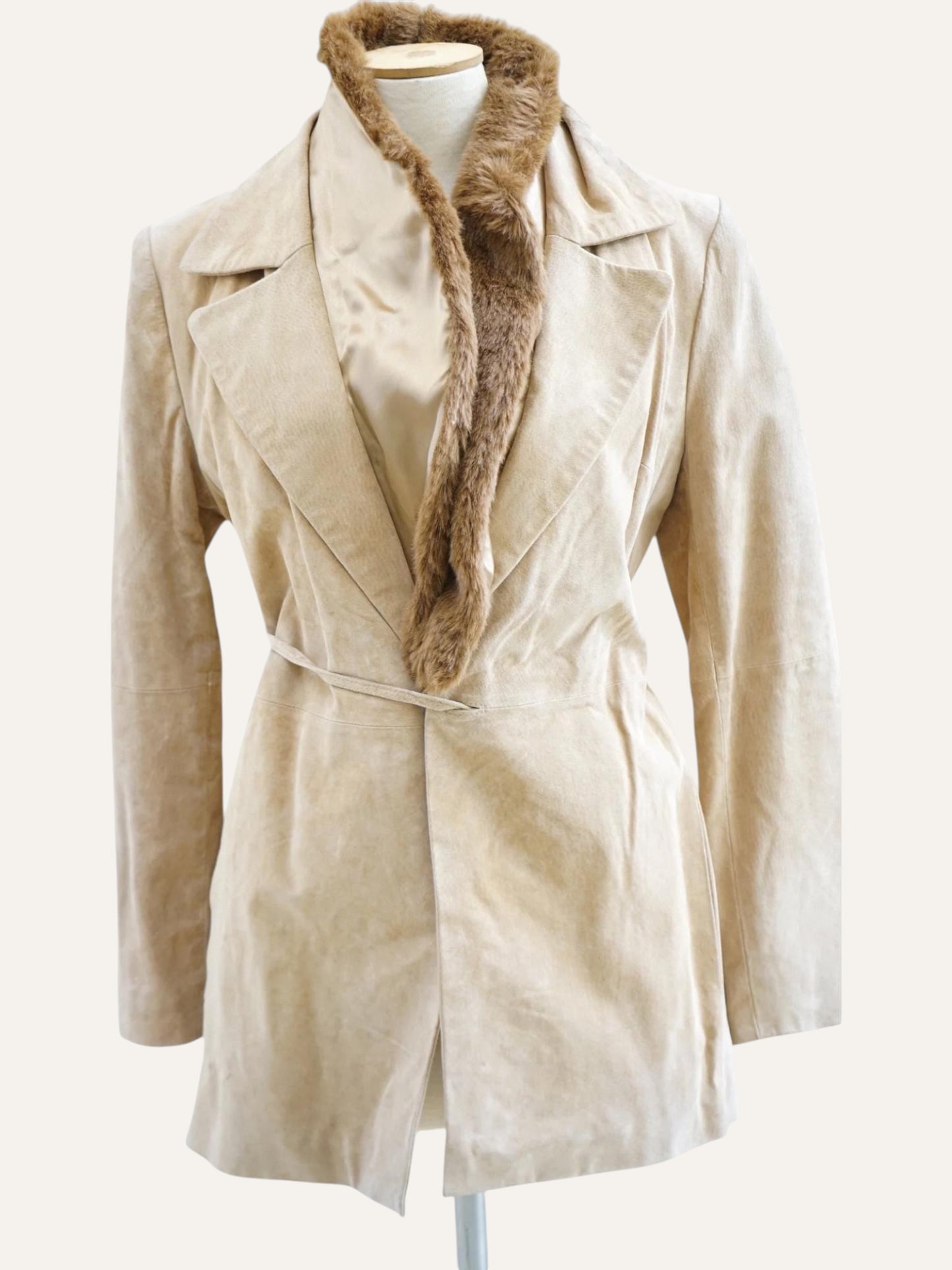 Suede Leather & Fur Collar Belted Jacket