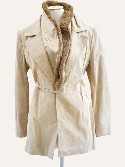 Suede Leather & Fur Collar Belted Jacket