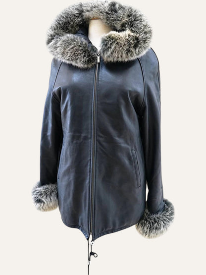 Midnight Leather Coat with Hood & Cuff Trim