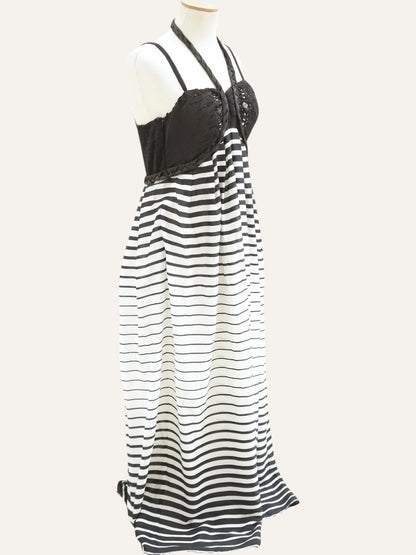 Paul Christophe Beaded Bustier Stripe Maxi Gown