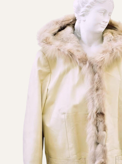Ivory Leather & Fox Fur Trim Jacket