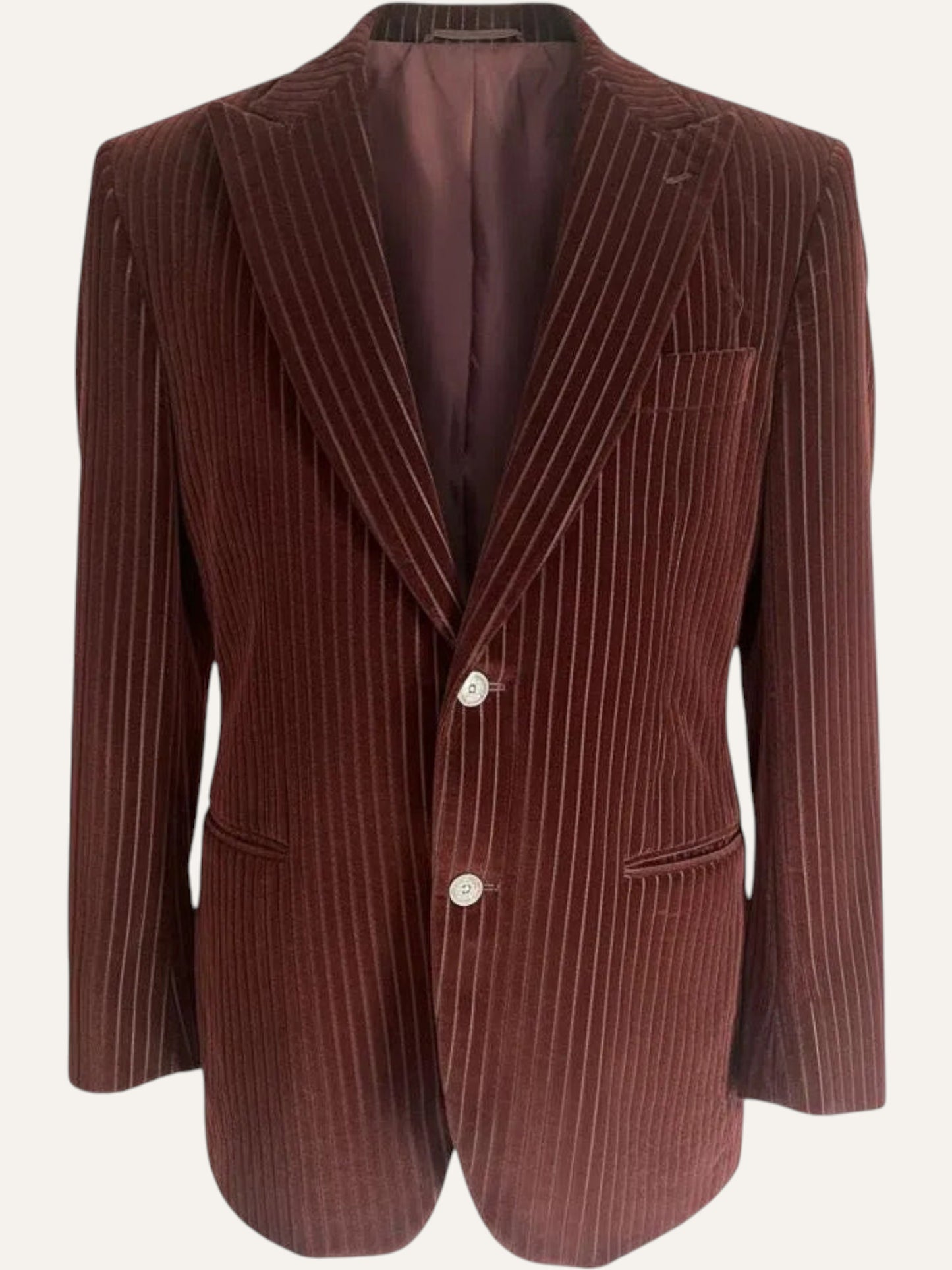 Brown pinstripe blazer on a white background