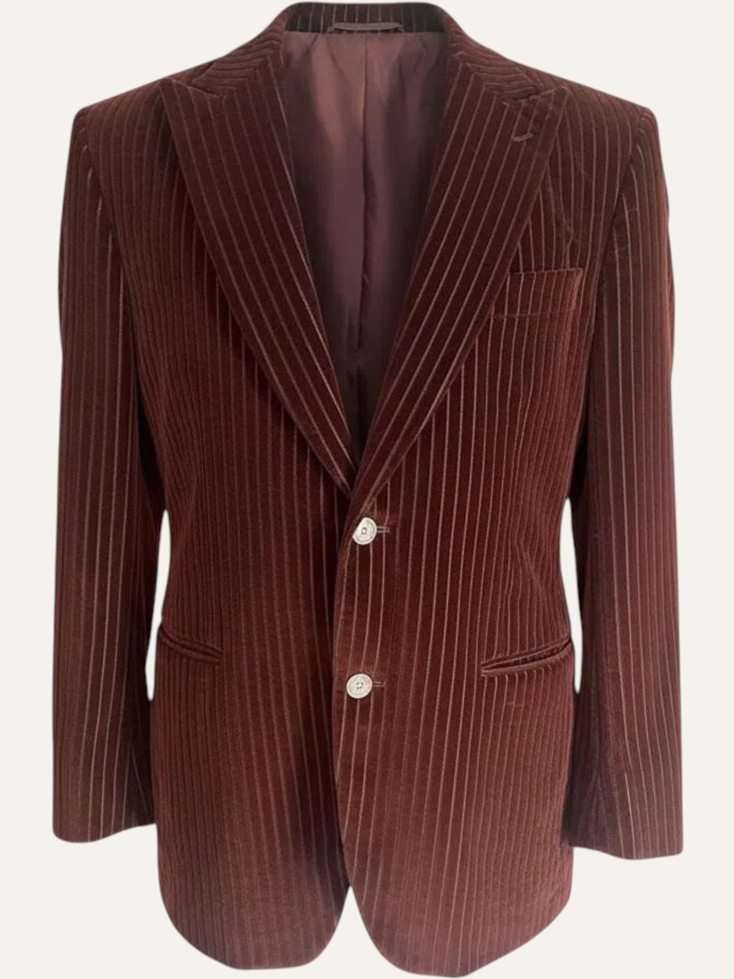 Brown pinstripe blazer on a white background