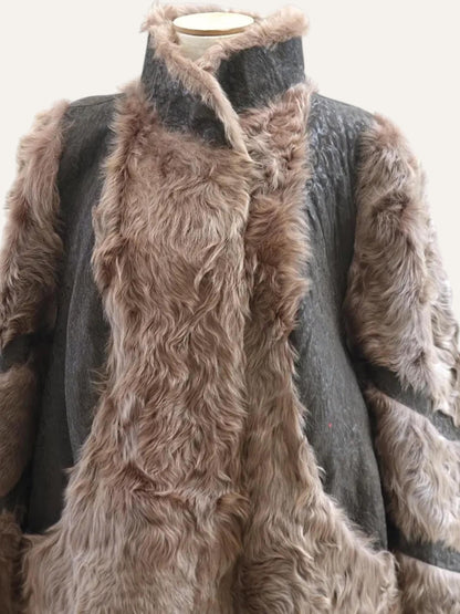 Long Hair Fur & Leather Patchwork Coat