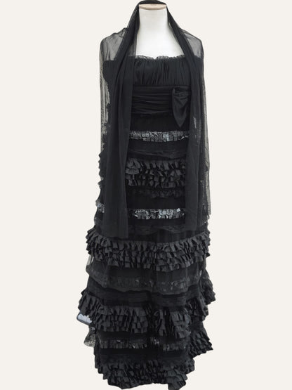 Venus Club Tiered Ruffle & Lace Strapless Gown
