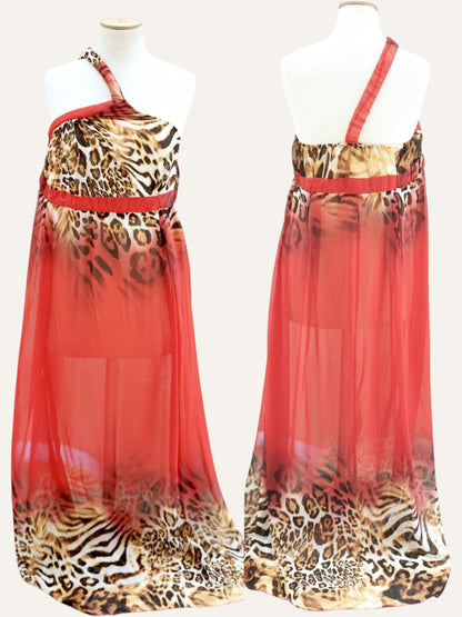 Wild Print One-Shoulder Sheer Gown