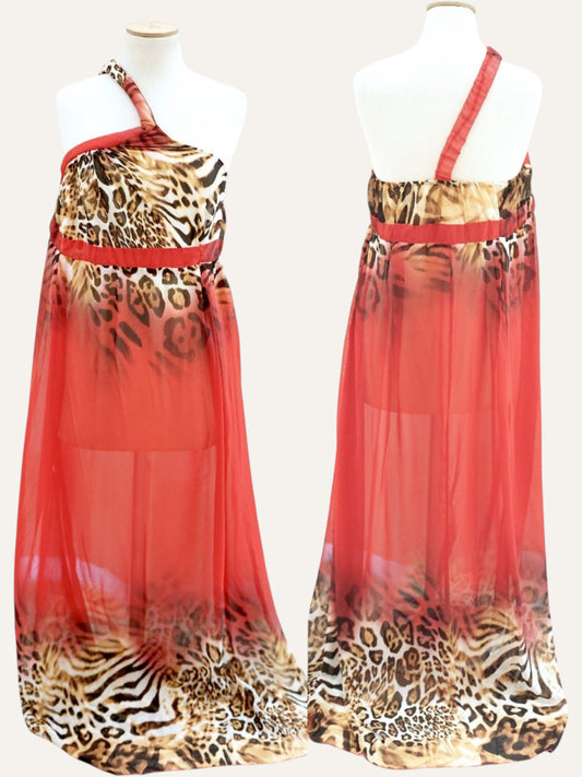 Wild Print One-Shoulder Sheer Gown