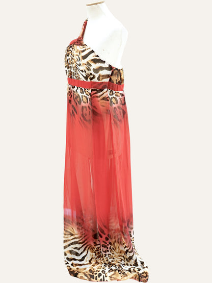 Wild Print One-Shoulder Sheer Gown