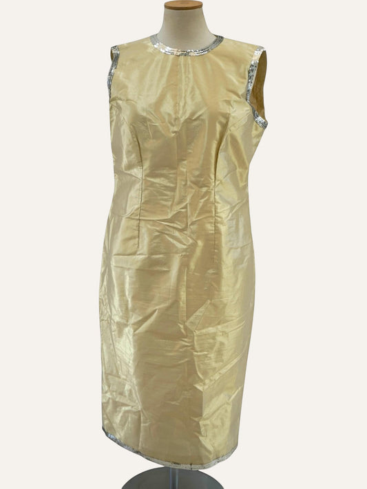 Bespoke Iridescent Taffeta Sheath Dress Silver Sequin Trim