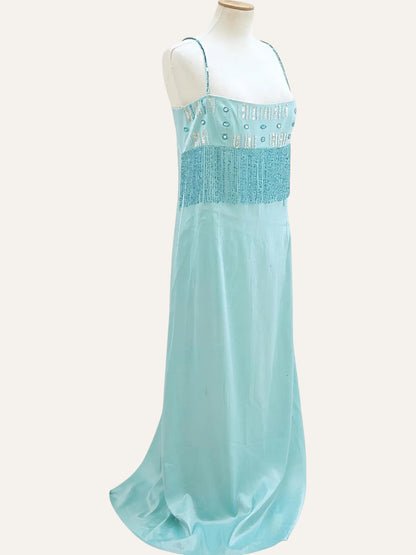 Aqua Beaded Fringe Bodice Satin Gown
