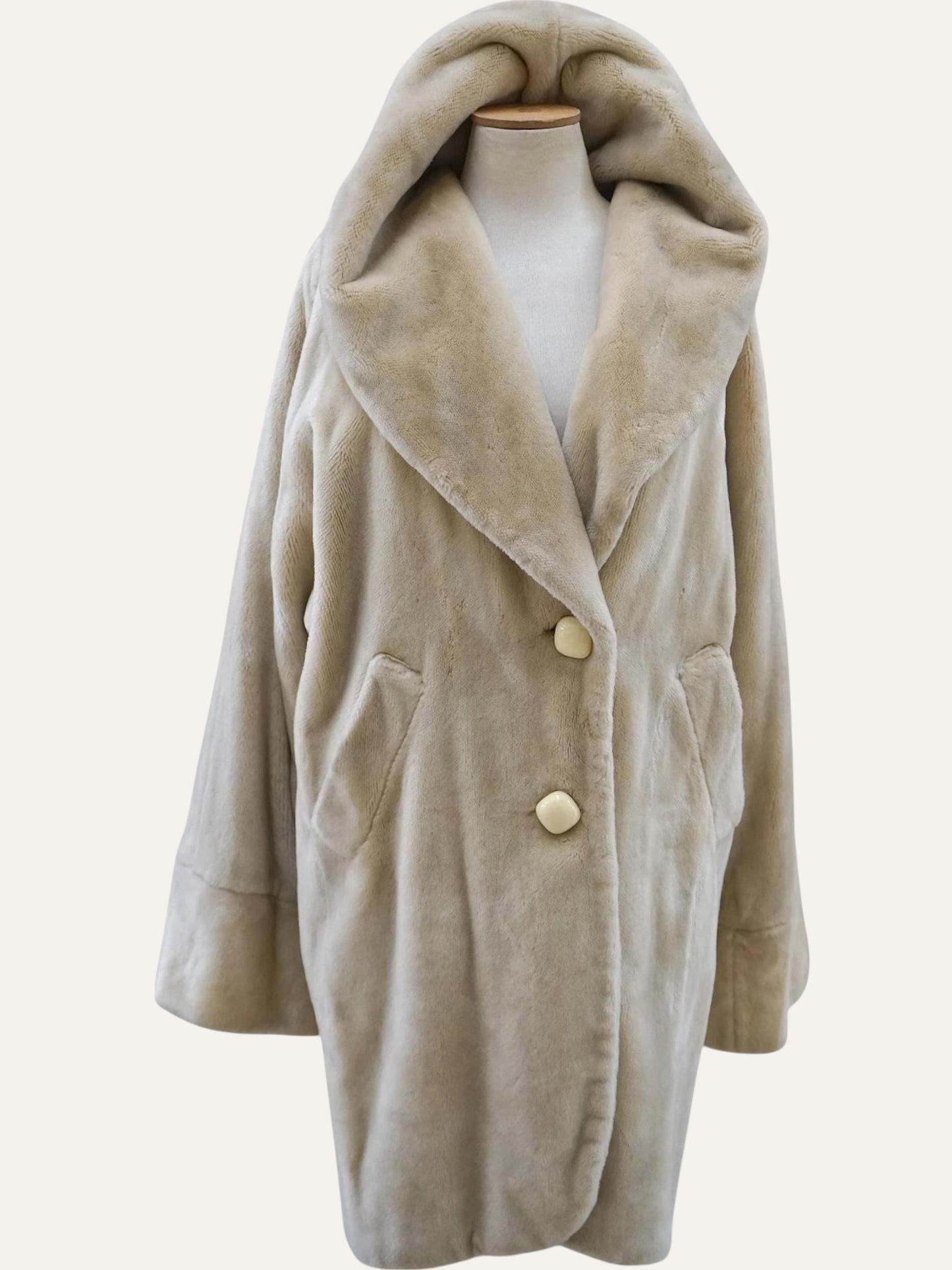 Off White Hooded Faux Fur Coat