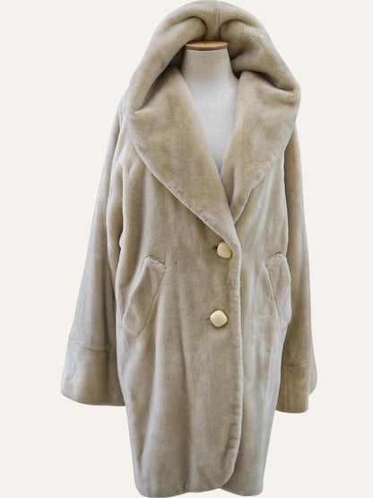 Off White Hooded Faux Fur Coat