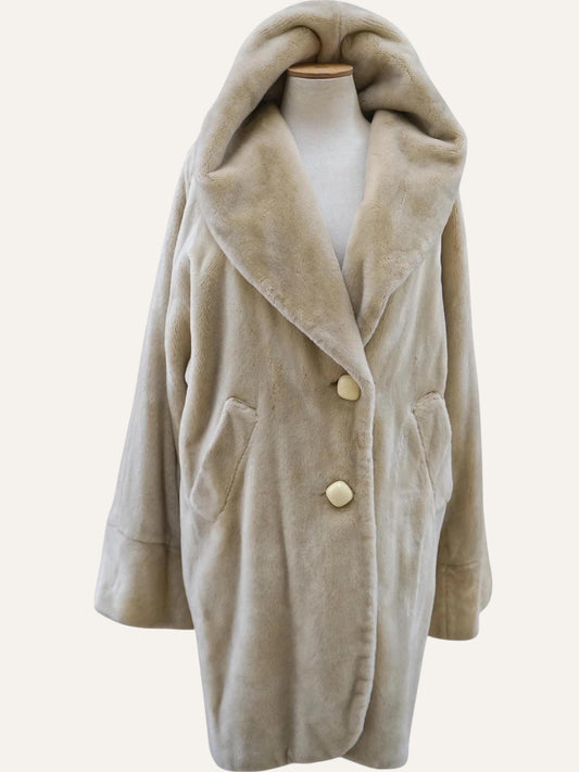 Off White Hooded Faux Fur Coat