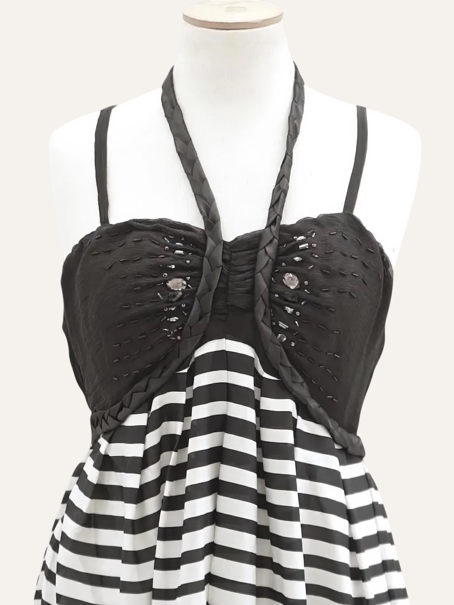 Paul Christophe Beaded Bustier Stripe Maxi Gown