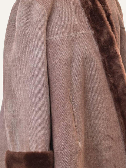 Wool Herringbone Swing Coat with Fur Trim