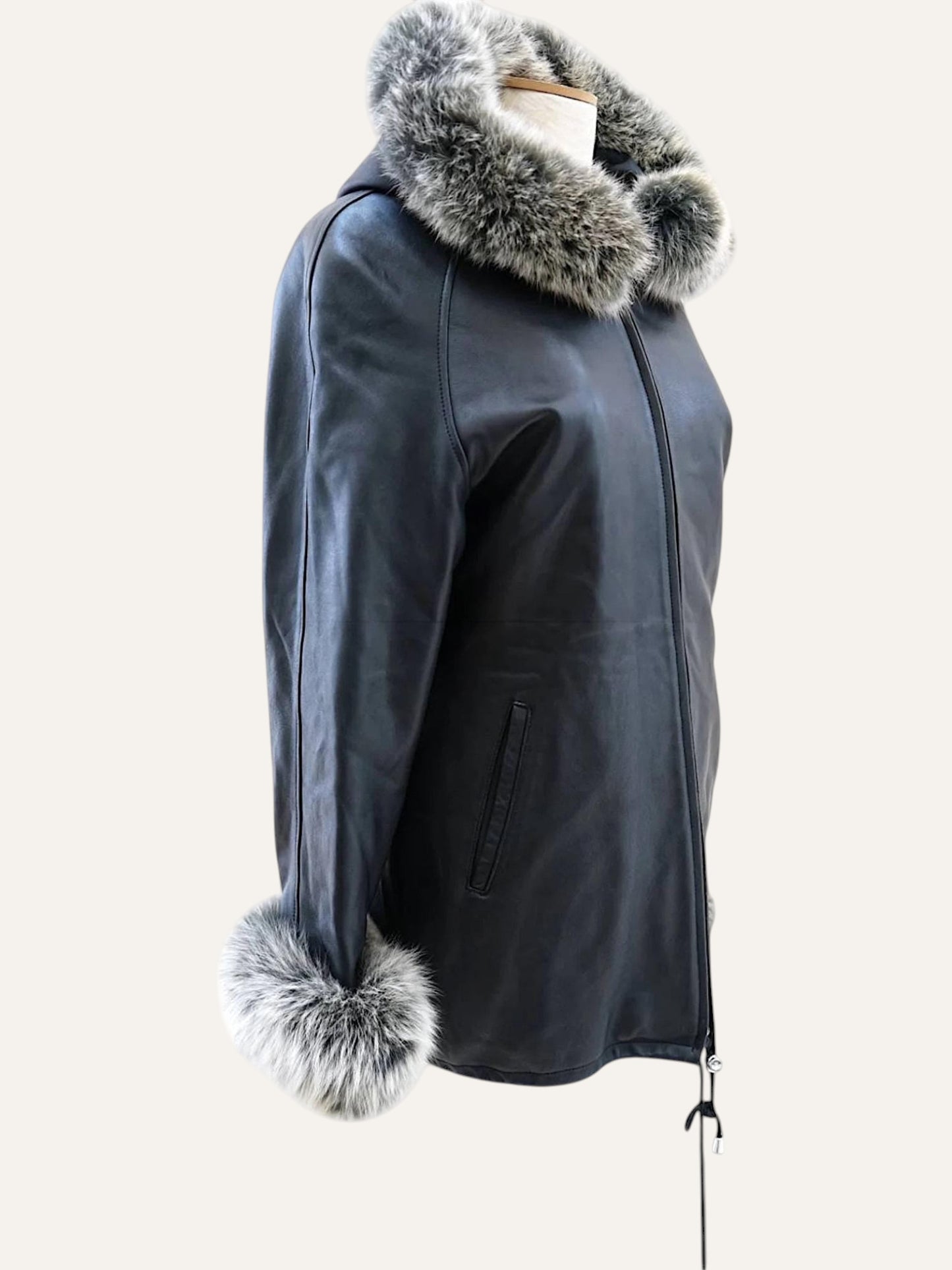 Midnight Leather Coat with Hood & Cuff Trim