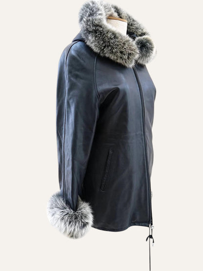 Midnight Leather Coat with Hood & Cuff Trim