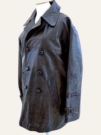 Vinyl Leather Double Breasted Coat with Kilim Lining