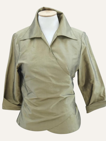 Pure Silk Wrap Blouse & Wide-Leg Trouser Set in Bronze