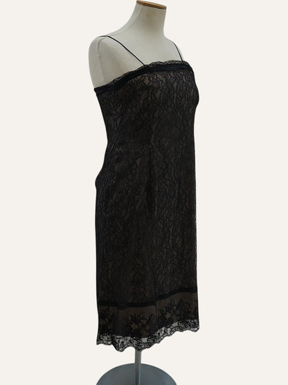 Lace Slip Dress Scallop Hem in Noir