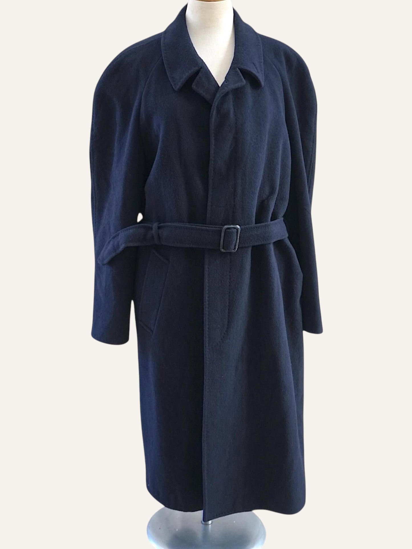 Blue wool belted raglan overcoat, front view