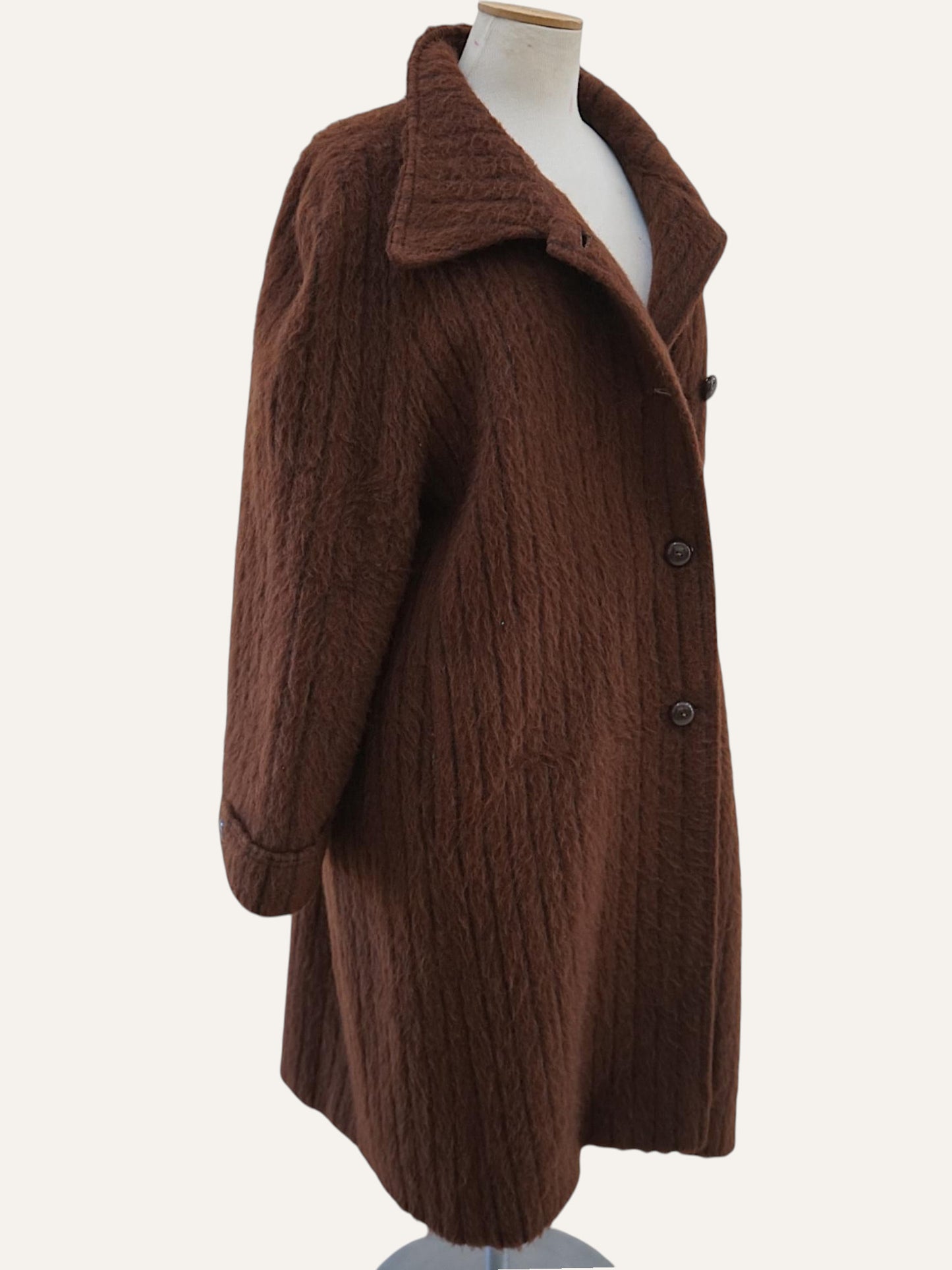 Brown striped boucle wool coat, fabric detail