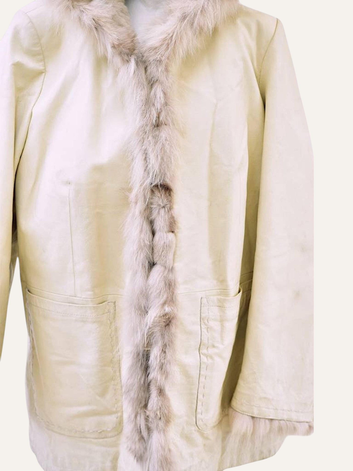 Ivory Leather & Fox Fur Trim Jacket