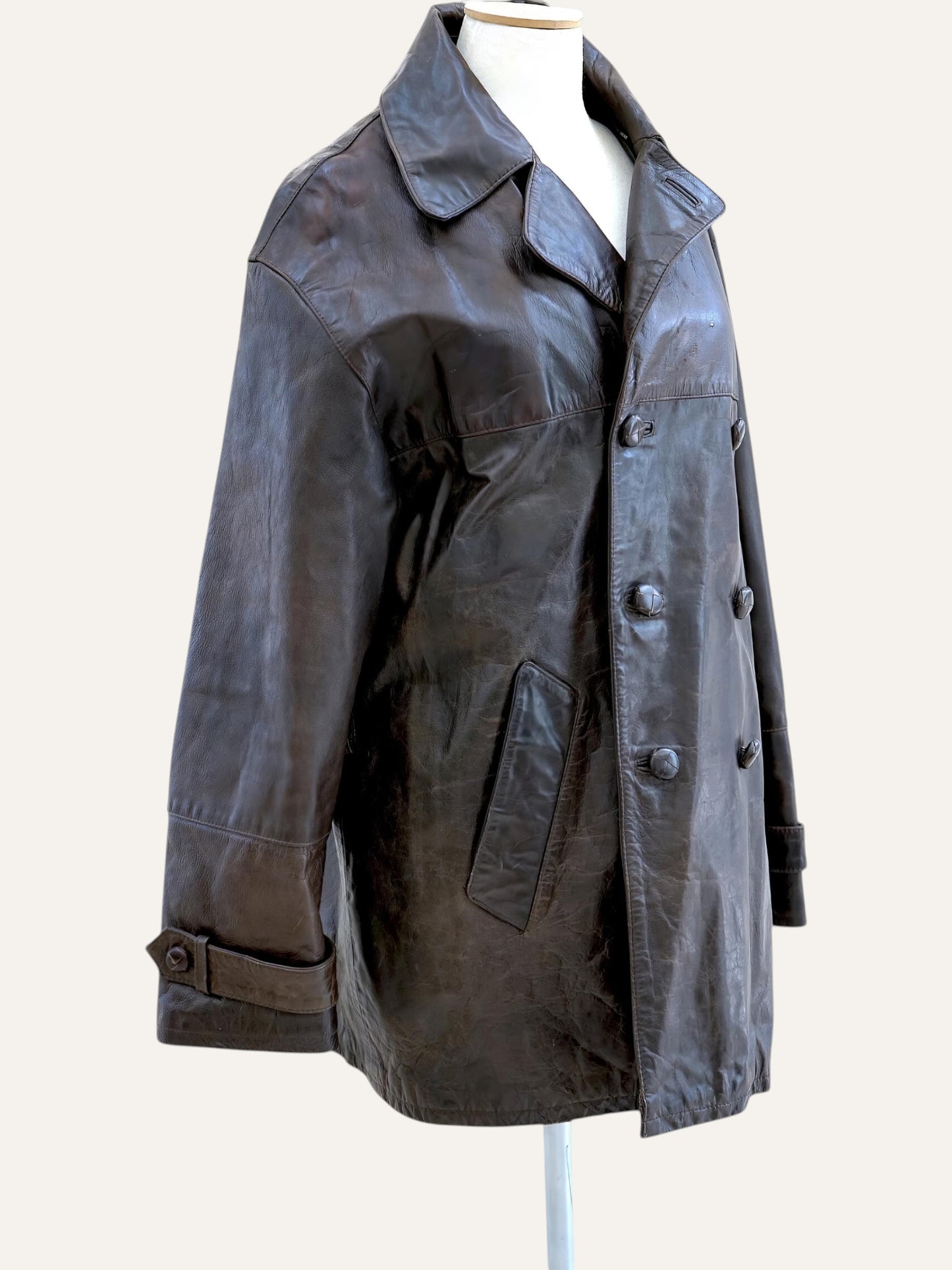 Vinyl Leather Double Breasted Coat with Kilim Lining