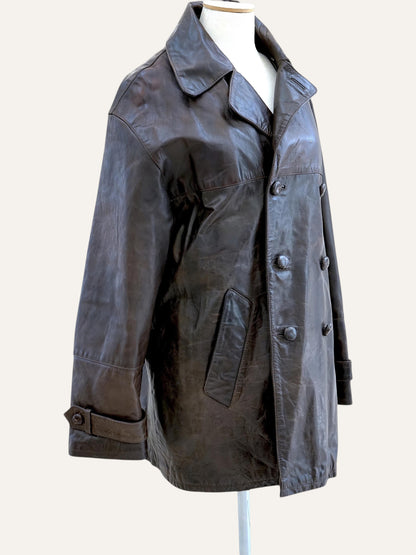 Vinyl Leather Double Breasted Coat with Kilim Lining