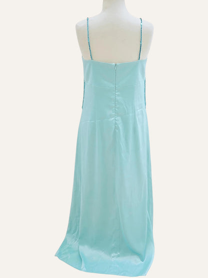 Aqua Beaded Fringe Bodice Satin Gown