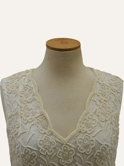 Bespoke Pearl-Beaded Floral Sheath Dress in Ivory