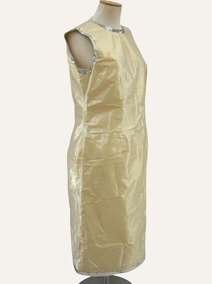 Bespoke Iridescent Taffeta Sheath Dress Silver Sequin Trim