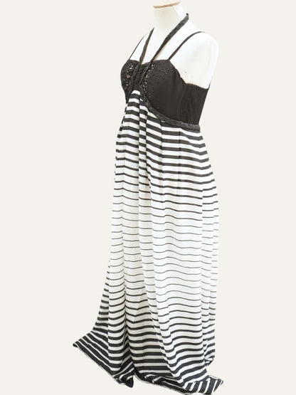 Paul Christophe Beaded Bustier Stripe Maxi Gown