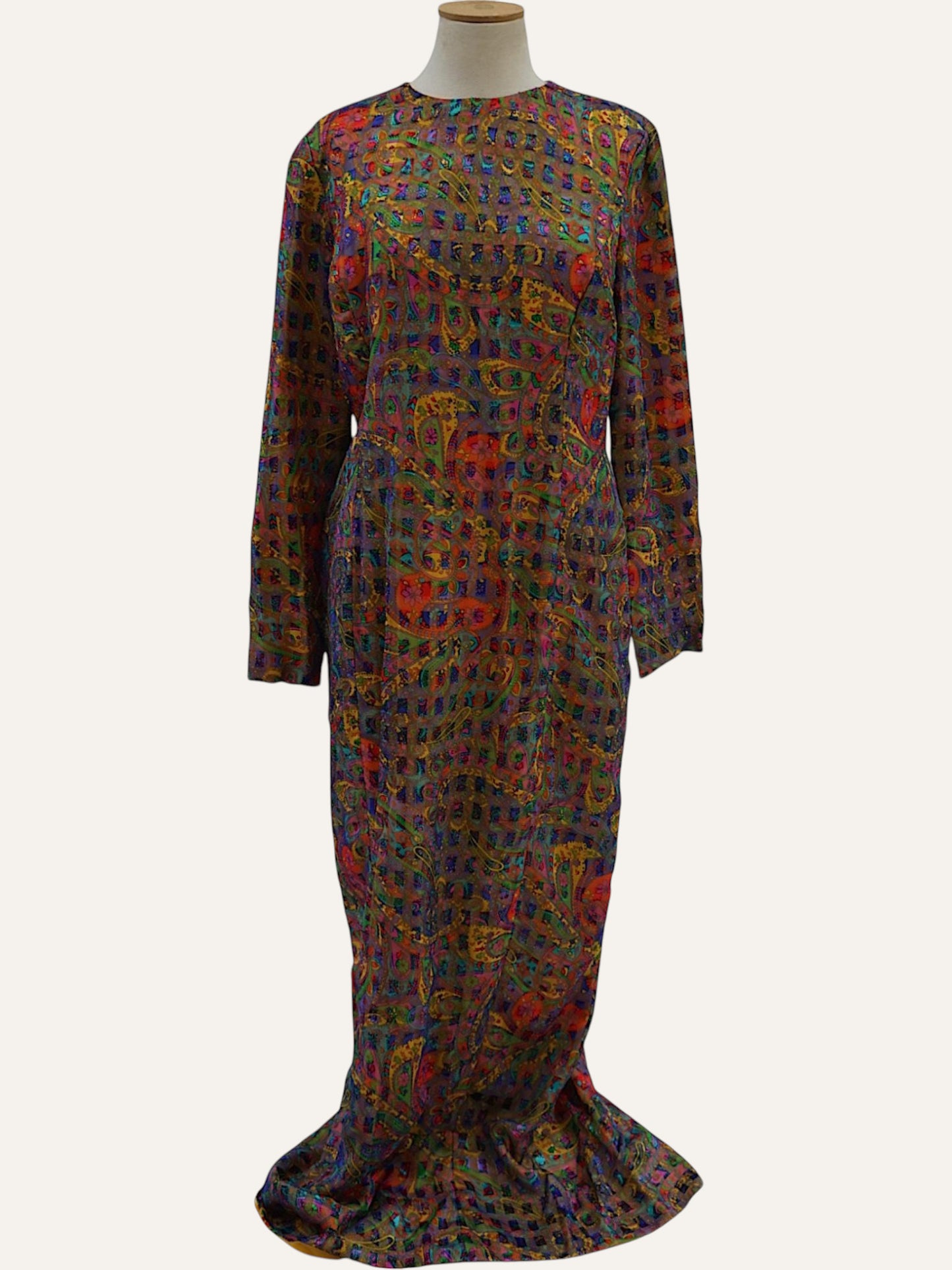 Bespoke Pure Silk Paisley Grid Maxi Dress in Multicolour