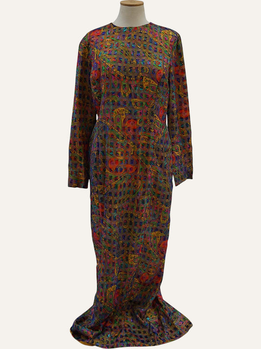 Bespoke Pure Silk Paisley Grid Maxi Dress in Multicolour
