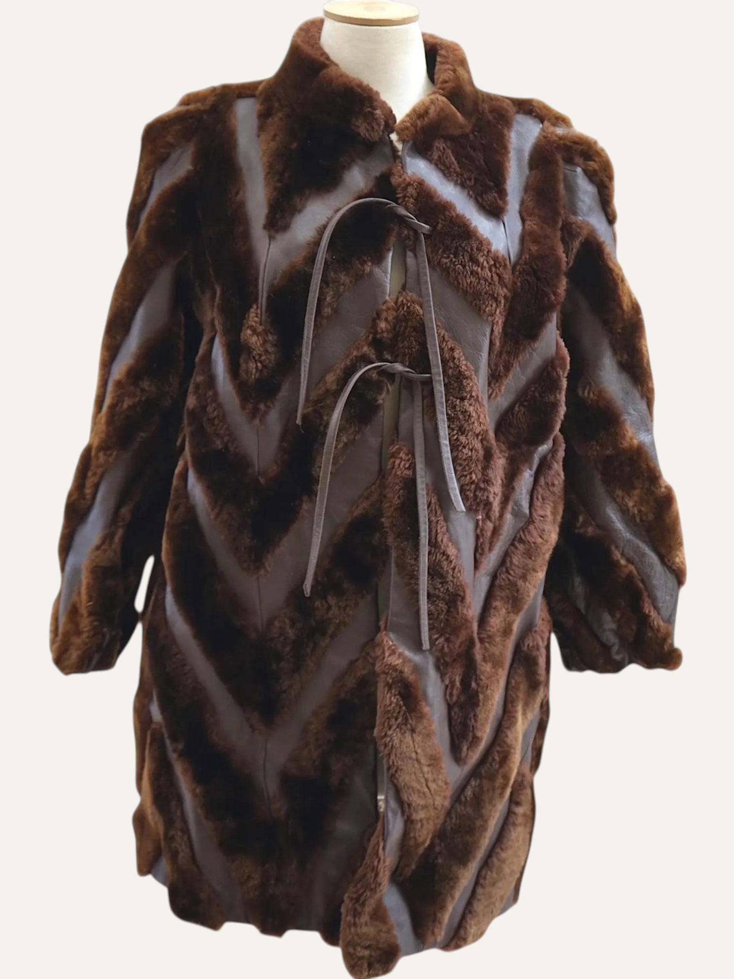 Chevron-Cut Fur & Leather Coat in Tobacco