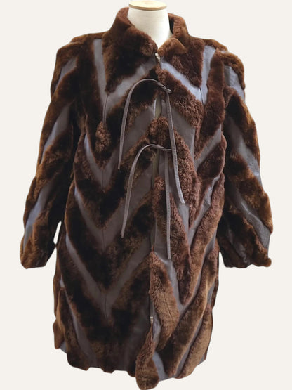 Chevron-Cut Fur & Leather Coat in Tobacco