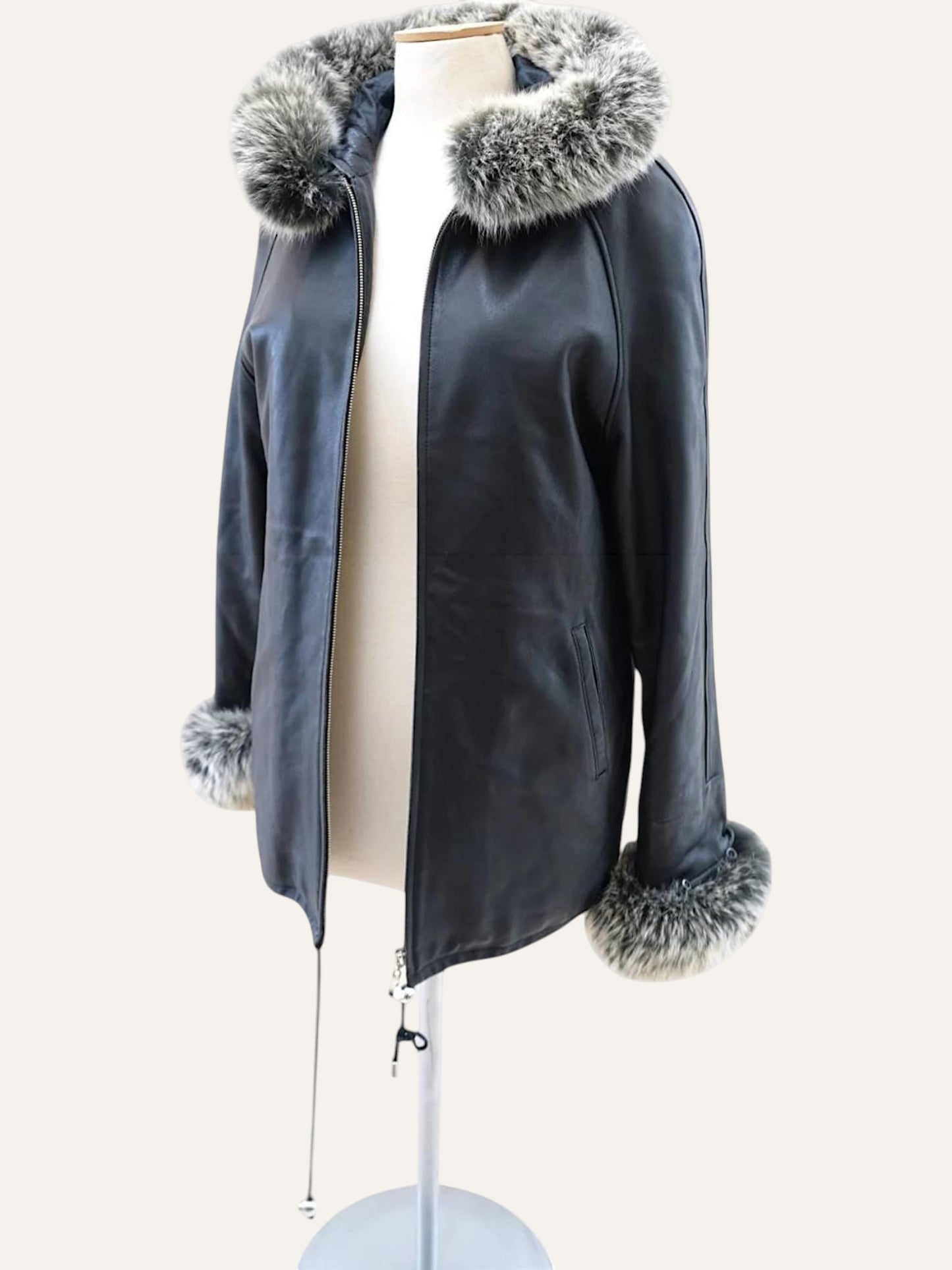 Midnight Leather Coat with Hood & Cuff Trim